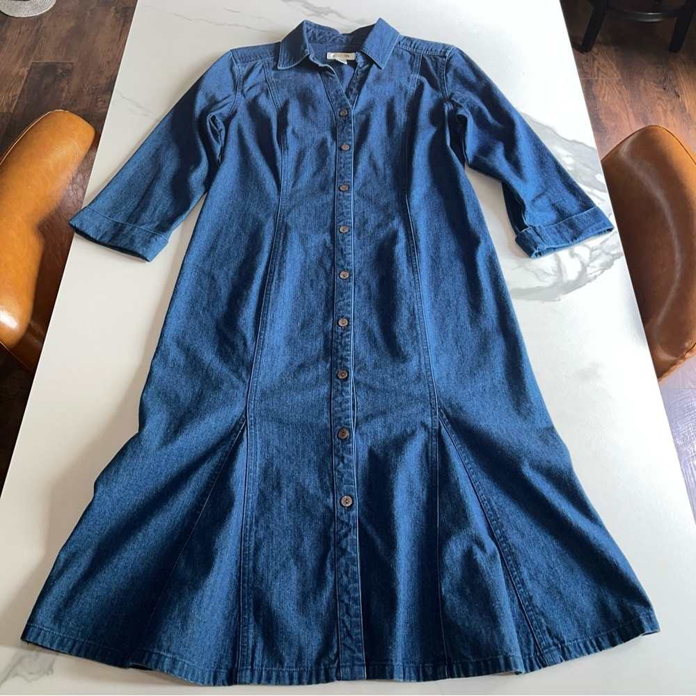 Talbots Denim 3/4 Sleeve Cotton Button up Shirt  Midi Dress Womens Size 6